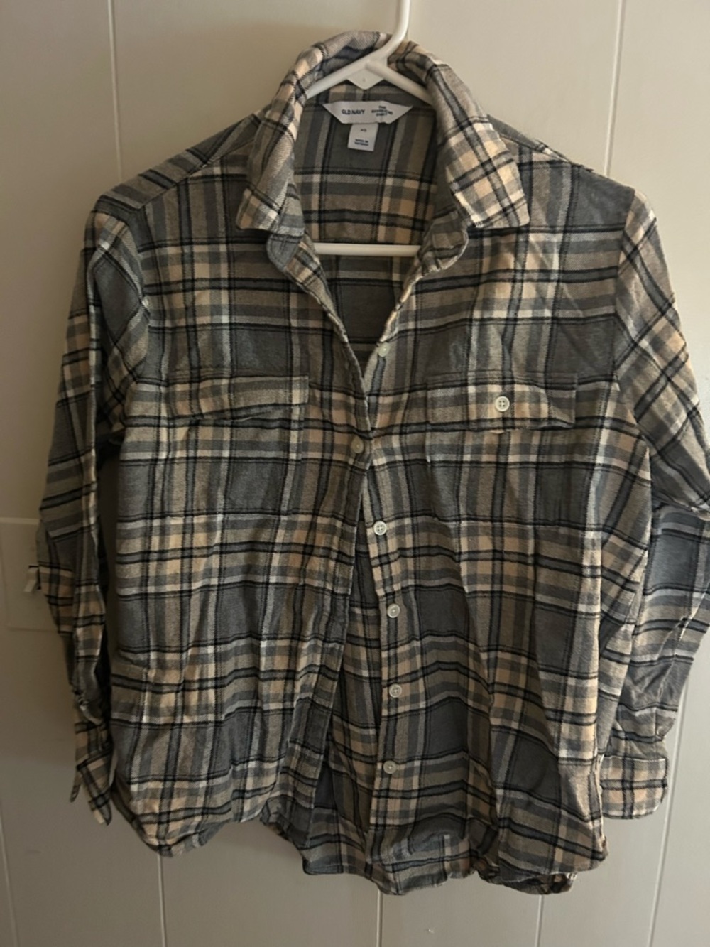Old Navy Cream and Gray Plaid Boyfriend Style Flannel Shirt